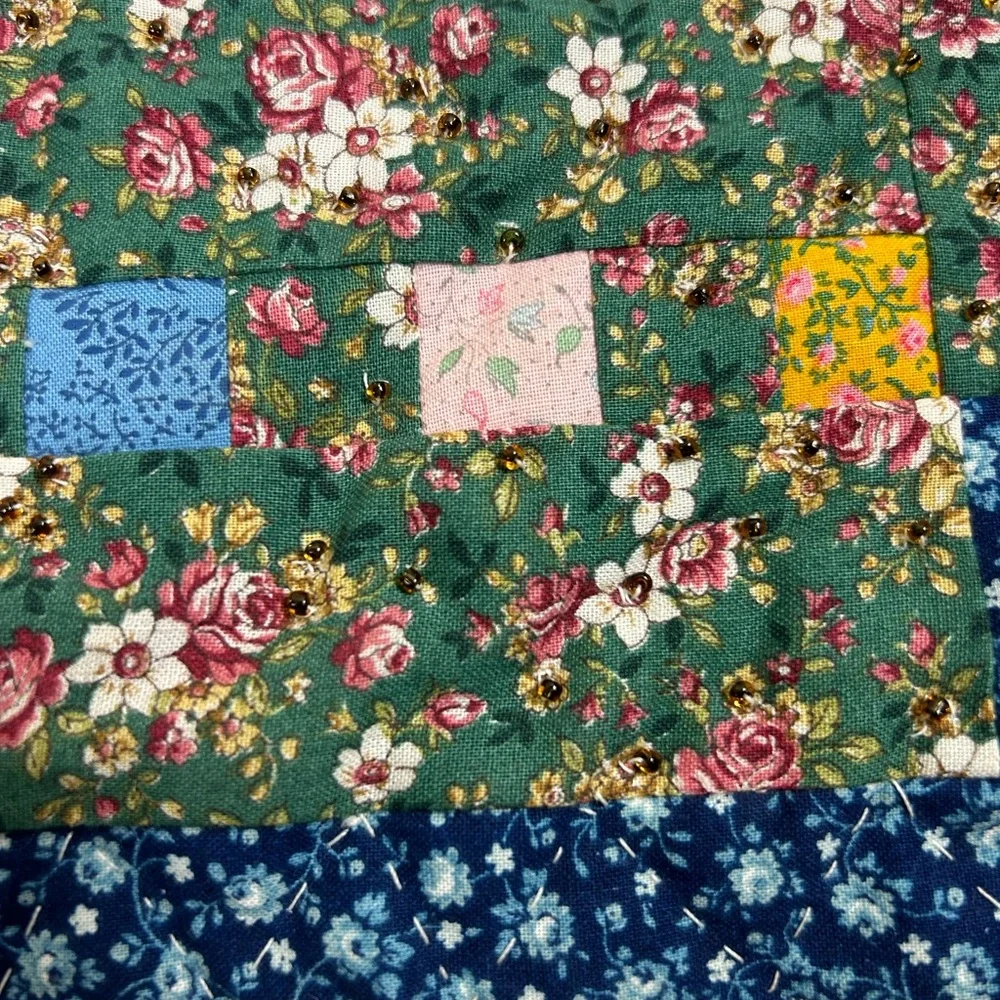 Cottagecore Flower Basket with Buttons Handmade Quilted Fabric Hanging Wall Art